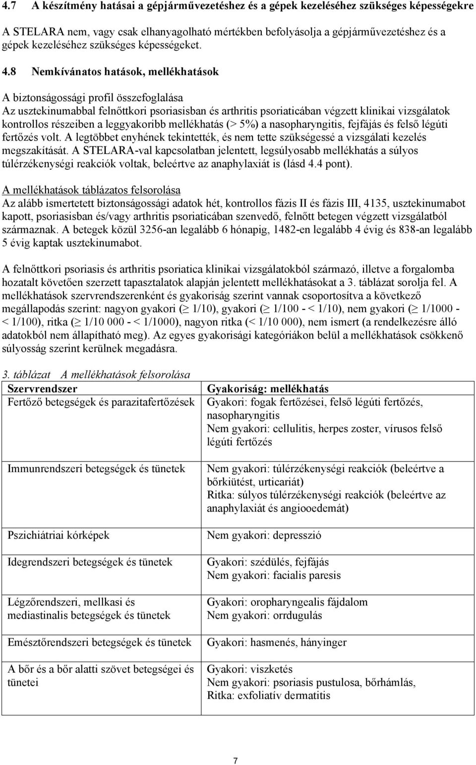 8 Nemkívánatos hatások, mellékhatások A biztonságossági profil összefoglalása Az usztekinumabbal felnőttkori psoriasisban és arthritis psoriaticában végzett klinikai vizsgálatok kontrollos részeiben