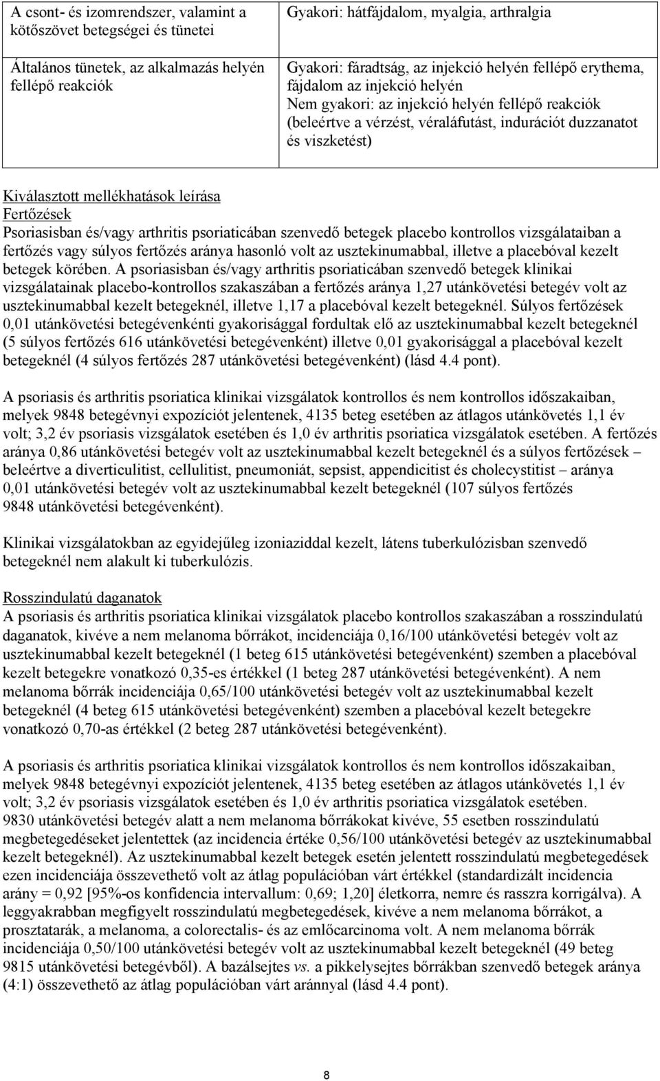 mellékhatások leírása Fertőzések Psoriasisban és/vagy arthritis psoriaticában szenvedő betegek placebo kontrollos vizsgálataiban a fertőzés vagy súlyos fertőzés aránya hasonló volt az