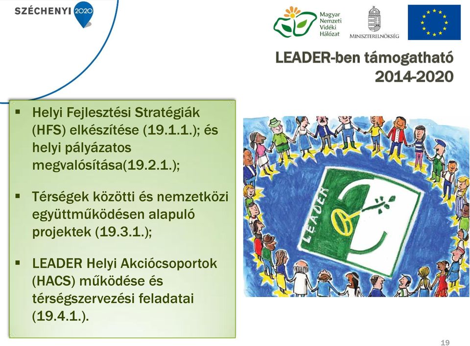 .1.1.); és helyi pályázatos megvalósítása(19.2.1.); Térségek közötti és nemzetközi együttműködésen alapuló projektek (19.