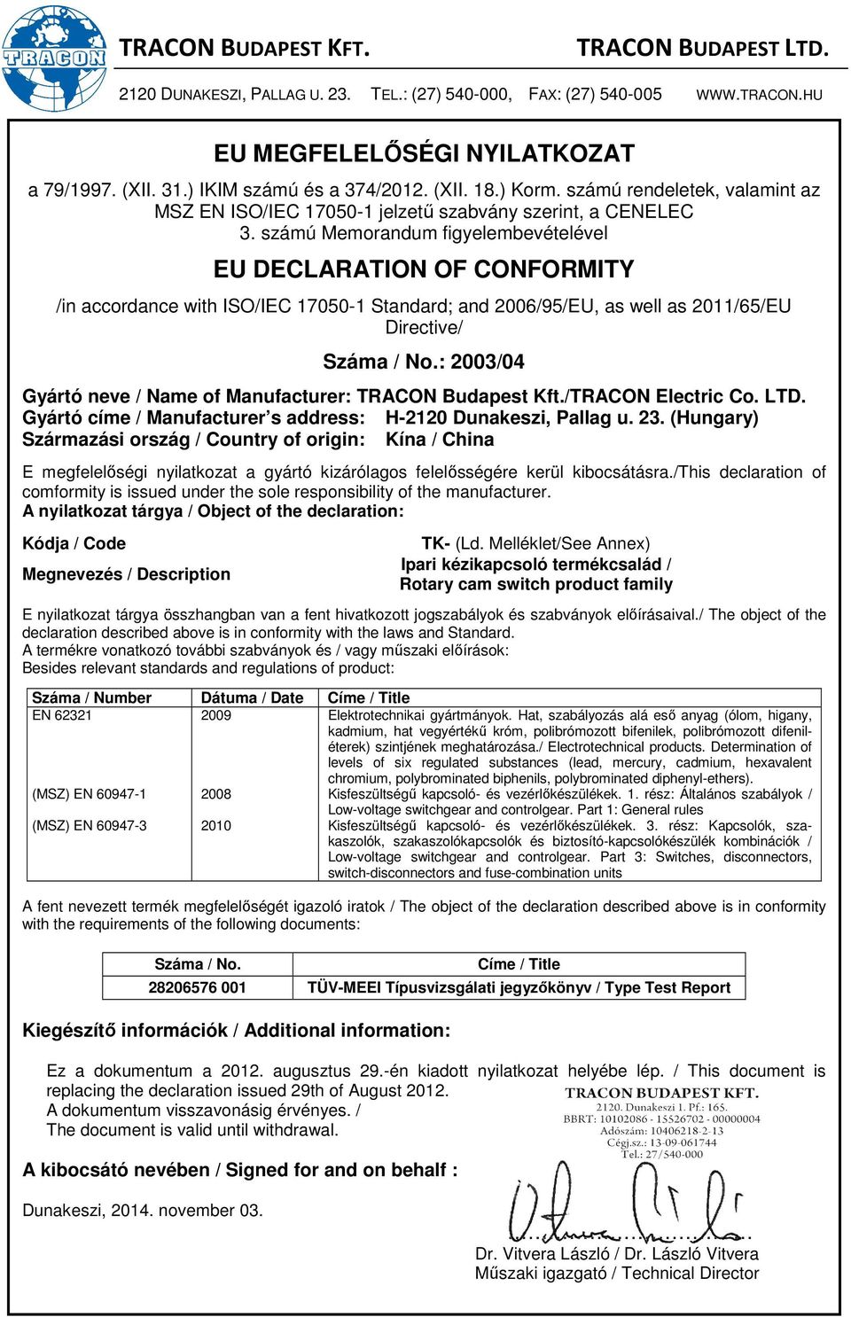 számú Memorandum figyelembevételével EU DECLARATION OF CONFORMITY /in accordance with ISO/IEC 17050-1 Standard; and 2006/95/EU, as well as 2011/65/EU Directive/ Száma / No.