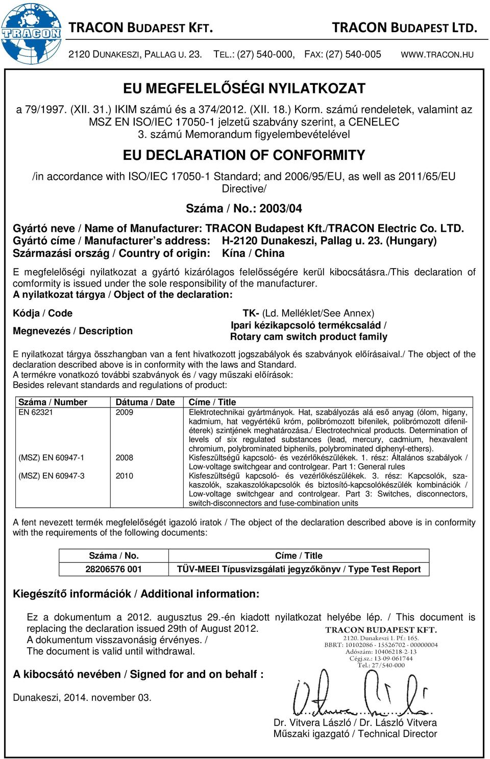 számú Memorandum figyelembevételével EU DECLARATION OF CONFORMITY /in accordance with ISO/IEC 17050-1 Standard; and 2006/95/EU, as well as 2011/65/EU Directive/ Száma / No.
