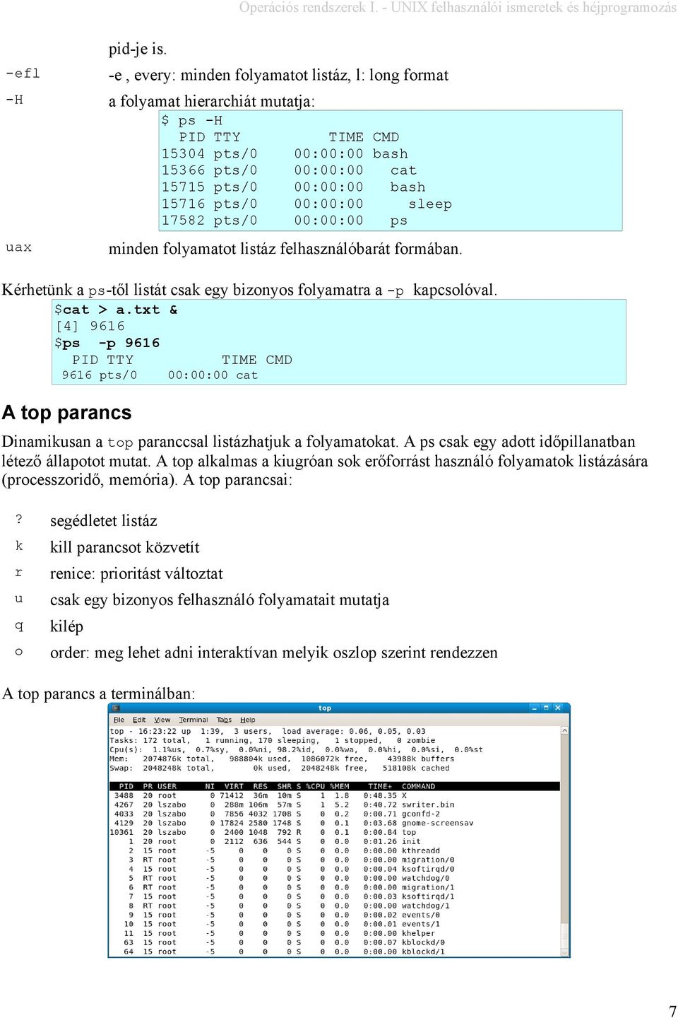 00:00:00 cat 15715 pts/0 00:00:00 bash 15716 pts/0 00:00:00 sleep 17582 pts/0 00:00:00 ps uax minden folyamatot listáz felhasználóbarát formában.