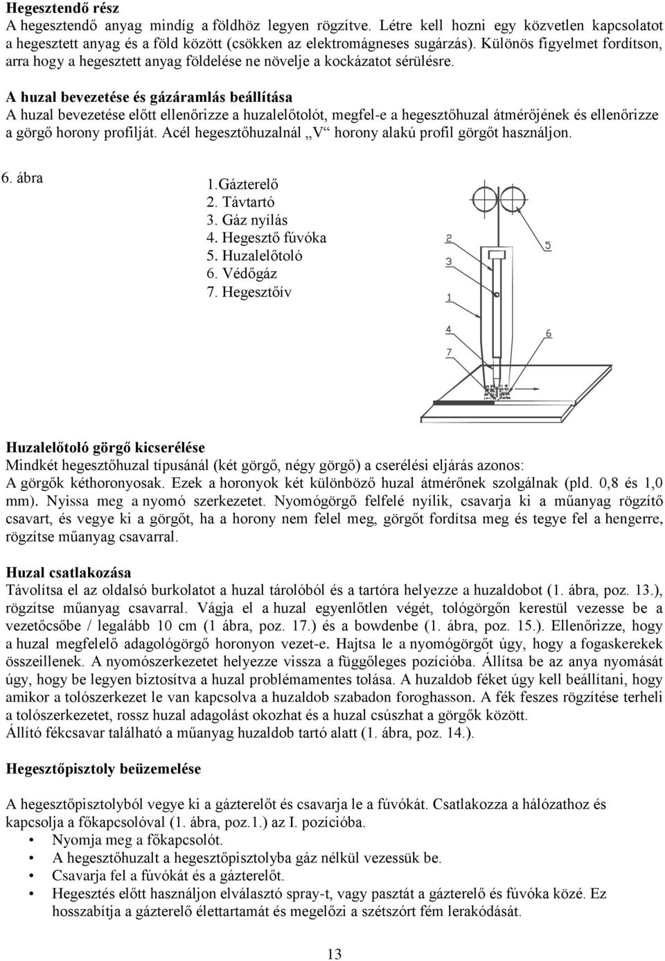 A huzal bevezetése és gázáramlás beállítása A huzal bevezetése előtt ellenőrizze a huzalelőtolót, megfel-e a hegesztőhuzal átmérőjének és ellenőrizze a görgő horony profilját.