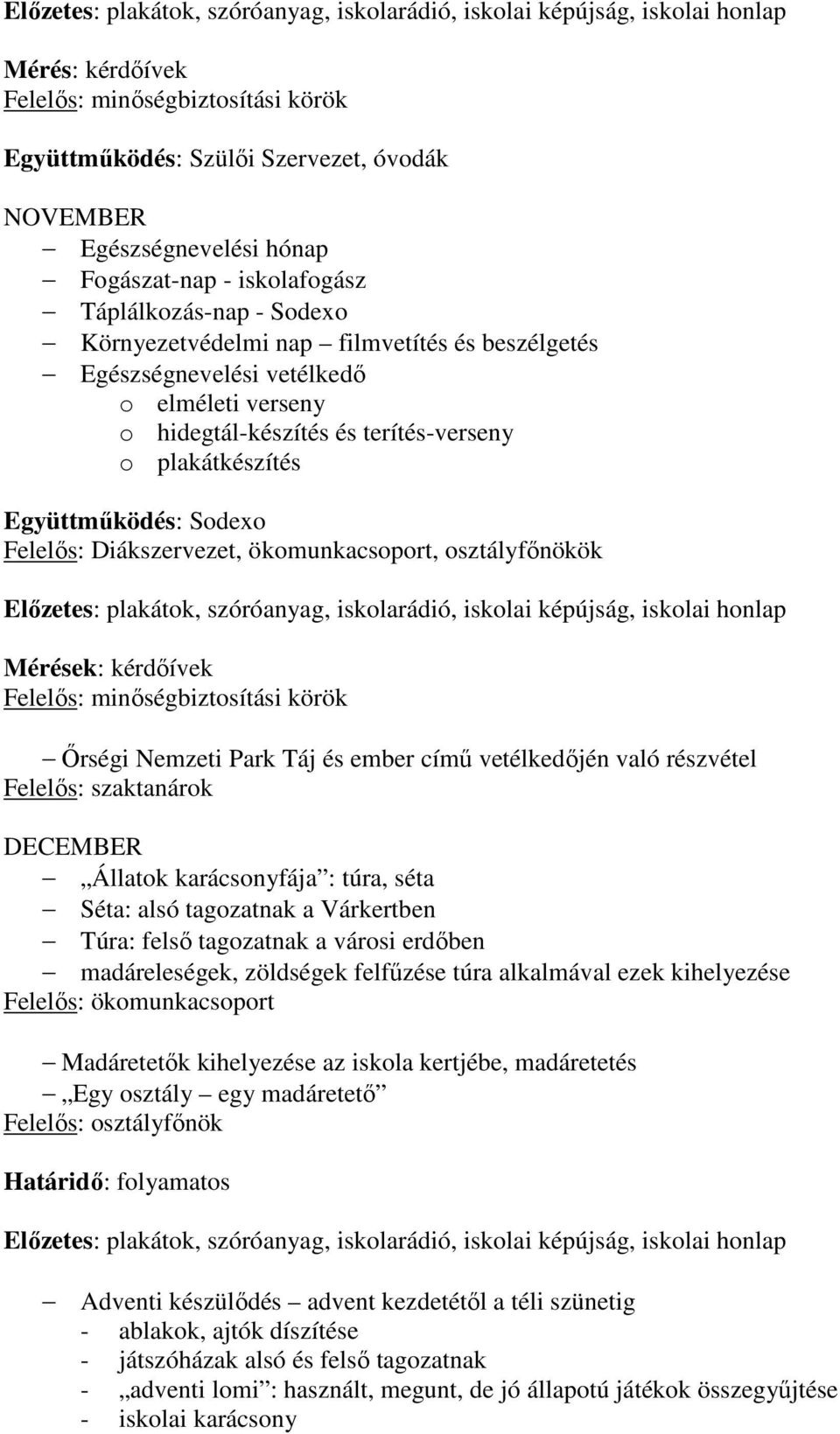 ember című vetélkedőjén való részvétel Felelős: szaktanárok DECEMBER Állatok karácsonyfája : túra, séta Séta: alsó tagozatnak a Várkertben Túra: felső tagozatnak a városi erdőben madáreleségek,