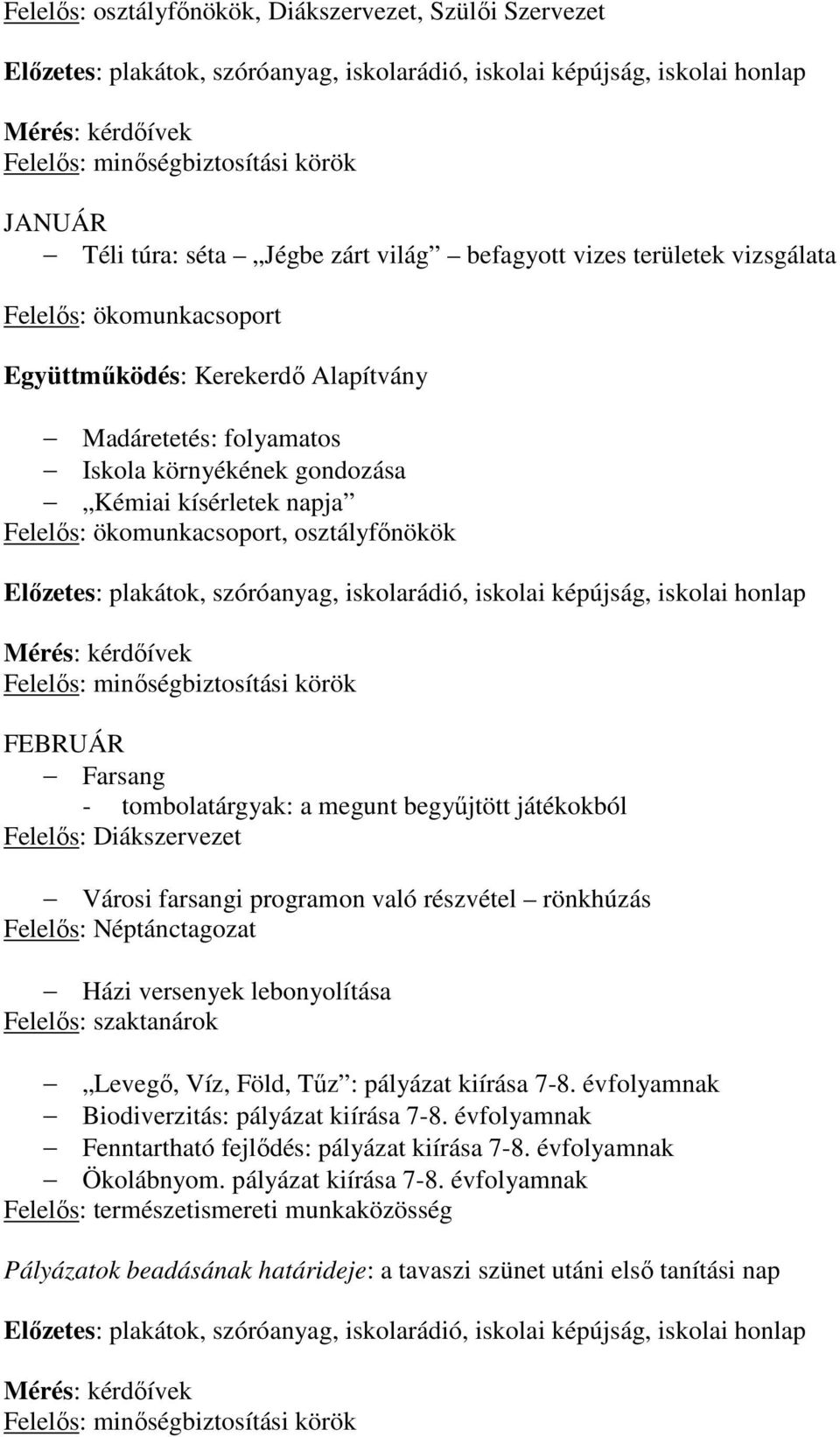 rönkhúzás Felelős: Néptánctagozat Házi versenyek lebonyolítása Felelős: szaktanárok Levegő, Víz, Föld, Tűz : pályázat kiírása 7-8. évfolyamnak Biodiverzitás: pályázat kiírása 7-8.