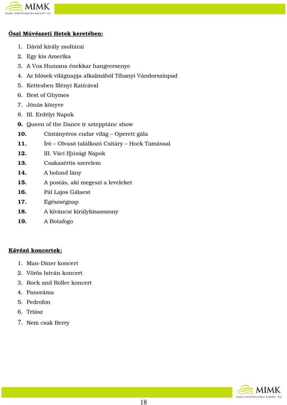 Író Olvasó találkozó Csitáry Hock Tamással 12. III. Váci Ifjúsági Napok 13. Csakazértis szerelem 14. A bolond lány 15. A postás, aki megeszi a leveleket 16. Pál Lajos Gálaest 17.