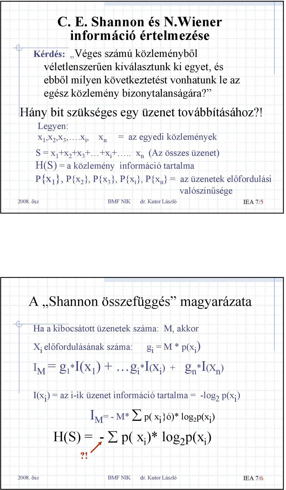 Hány bit szükséges egy üzenet továbbításához?! Legyen: x 1,x 2,x 3,.x i, x n = az egyedi közlemények S = x 1 +x 2 +x 3 + +x i +.