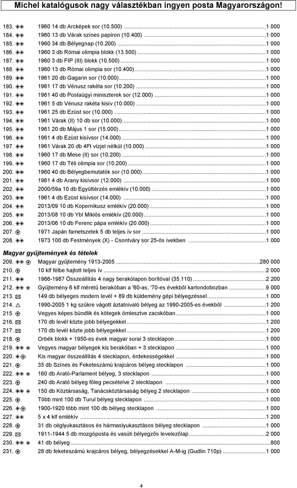 000)...1 000 190. 1961 17 db Vénusz rakéta sor (10.200)...1 000 191. 1961 40 db Postaügyi miniszterek sor (12.000)...1 000 192. 1961 5 db Vénusz rakéta kisív (10.000)...1 000 193.