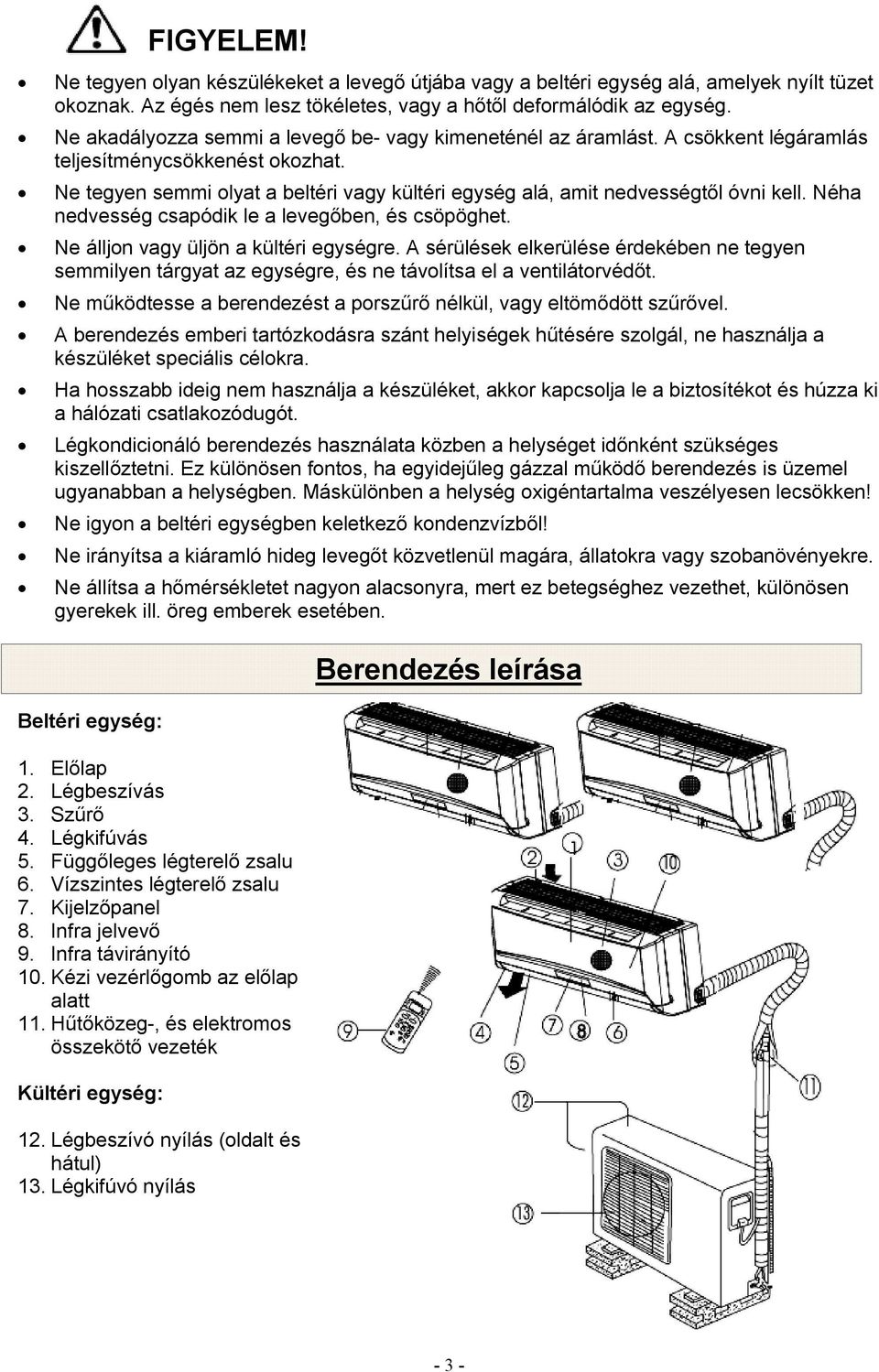 Ne tegyen semmi olyat a beltéri vagy kültéri egység alá, amit nedvességtől óvni kell. Néha nedvesség csapódik le a levegőben, és csöpöghet. Ne álljon vagy üljön a kültéri egységre.