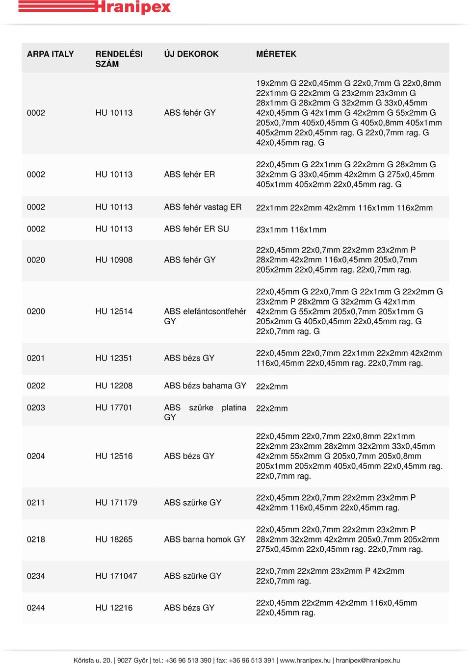 G 0002 HU 10113 ABS fehér vastag ER 22x1mm 22x2mm 42x2mm 116x1mm 116x2mm 0002 HU 10113 ABS fehér ER SU 23x1mm 116x1mm 0020 HU 10908 ABS fehér GY 0200 HU 12514 ABS elefántcsontfehér GY 0201 HU 12351