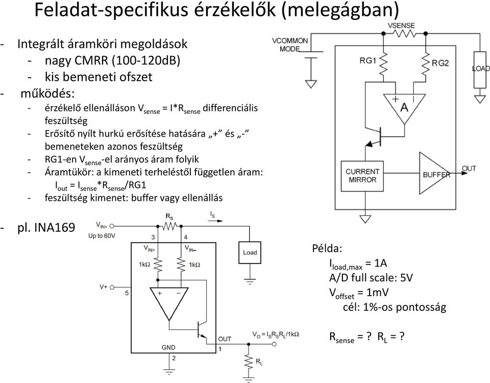 feszültség - RG1-en V sense -el arányos áram folyik - Áramtükör: a kimeneti terheléstől független áram: I out = I sense *R sense /RG1 -