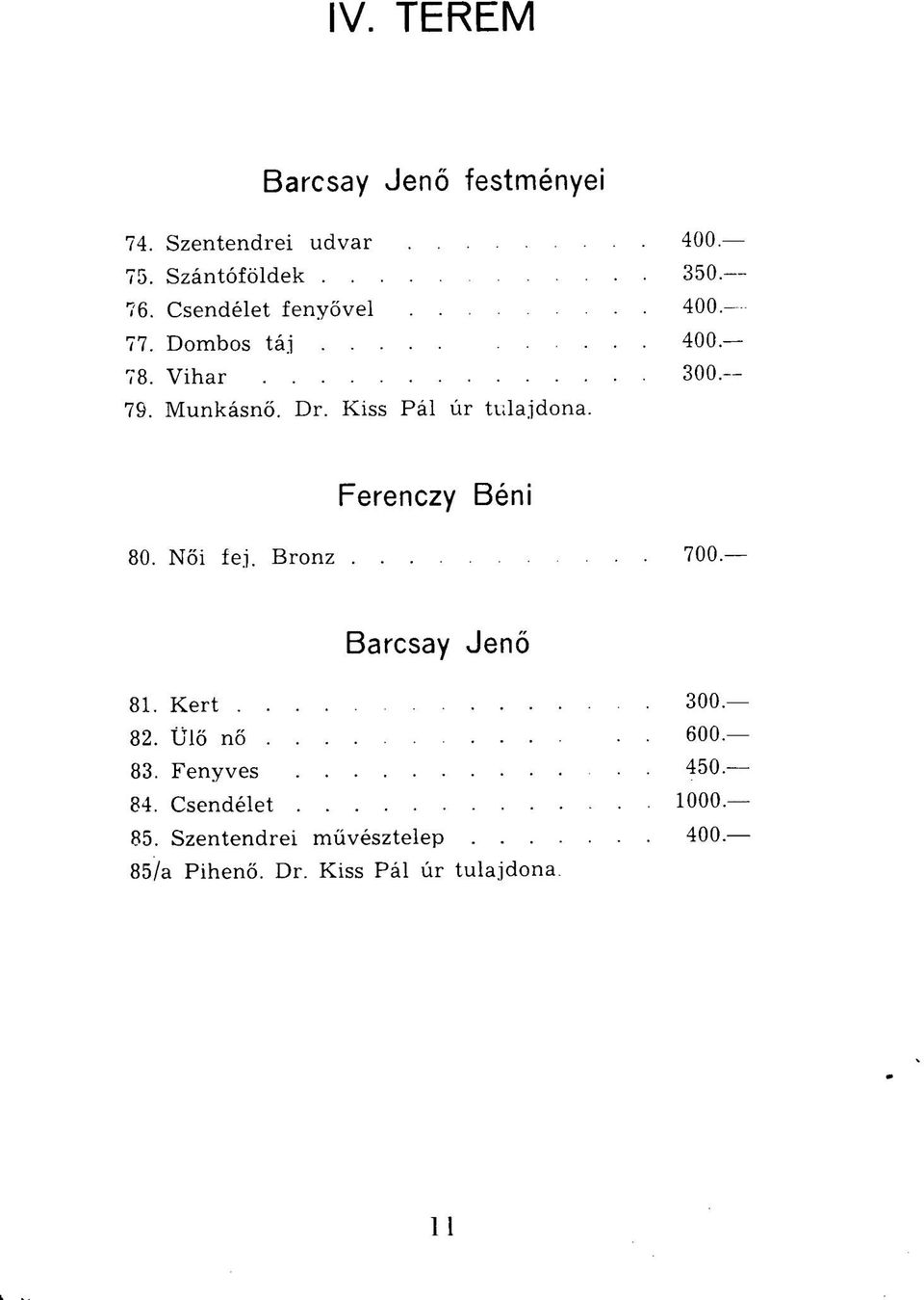 Kiss Pál úr tulajdona. Ferenczy Béni 80. Női fej. Bronz 700. Barcsay Jenő 81. Kert 300 82.