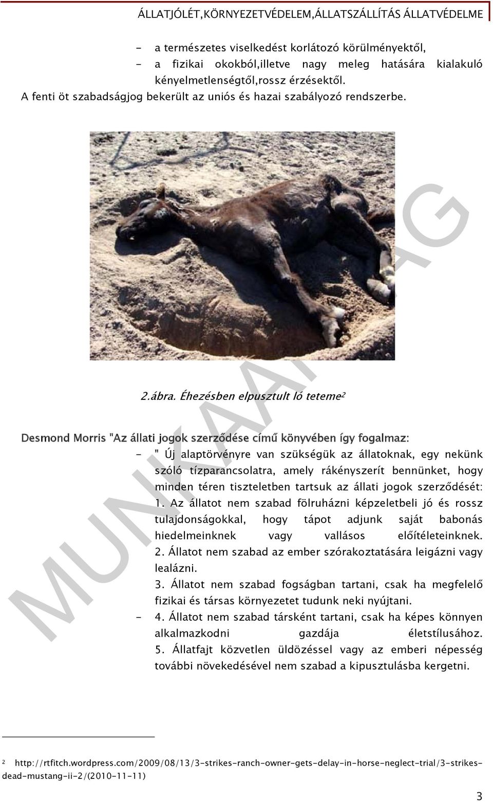 Éhezésben elpusztult ló teteme 2 Desmond Morris "Az állati jogok szerződése című könyvében így fogalmaz: - " Új alaptörvényre van szükségük az állatoknak, egy nekünk szóló tízparancsolatra, amely