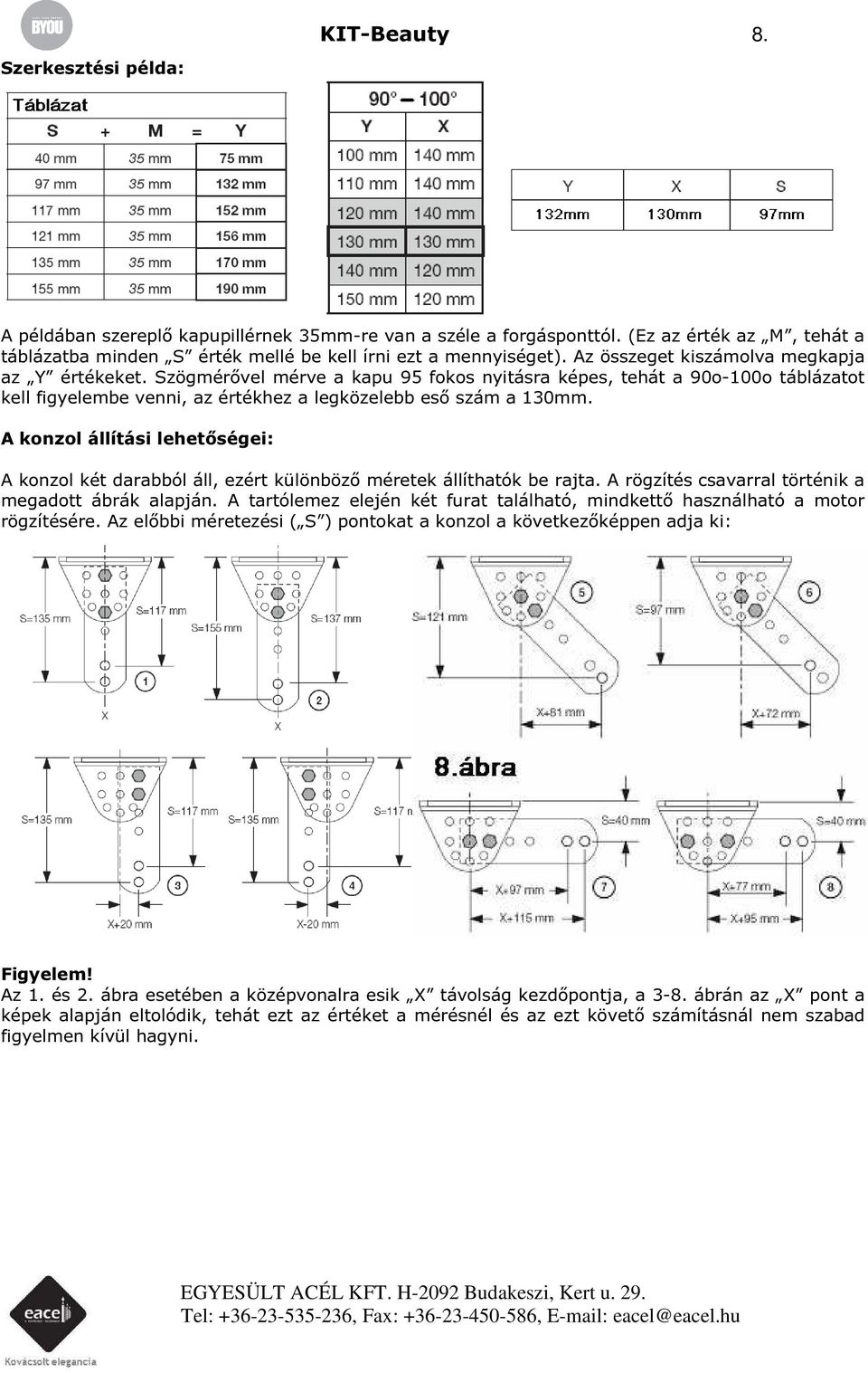 A konzol állítási lehetőségei: A konzol két darabból áll, ezért különböző méretek állíthatók be rajta. A rögzítés csavarral történik a megadott ábrák alapján.