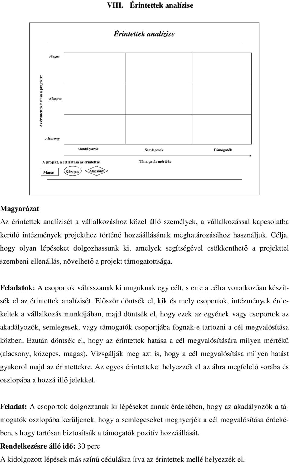 használjuk. Célja, hogy olyan lépéseket dolgozhassunk ki, amelyek segítségével csökkenthetı a projekttel szembeni ellenállás, növelhetı a projekt támogatottsága.
