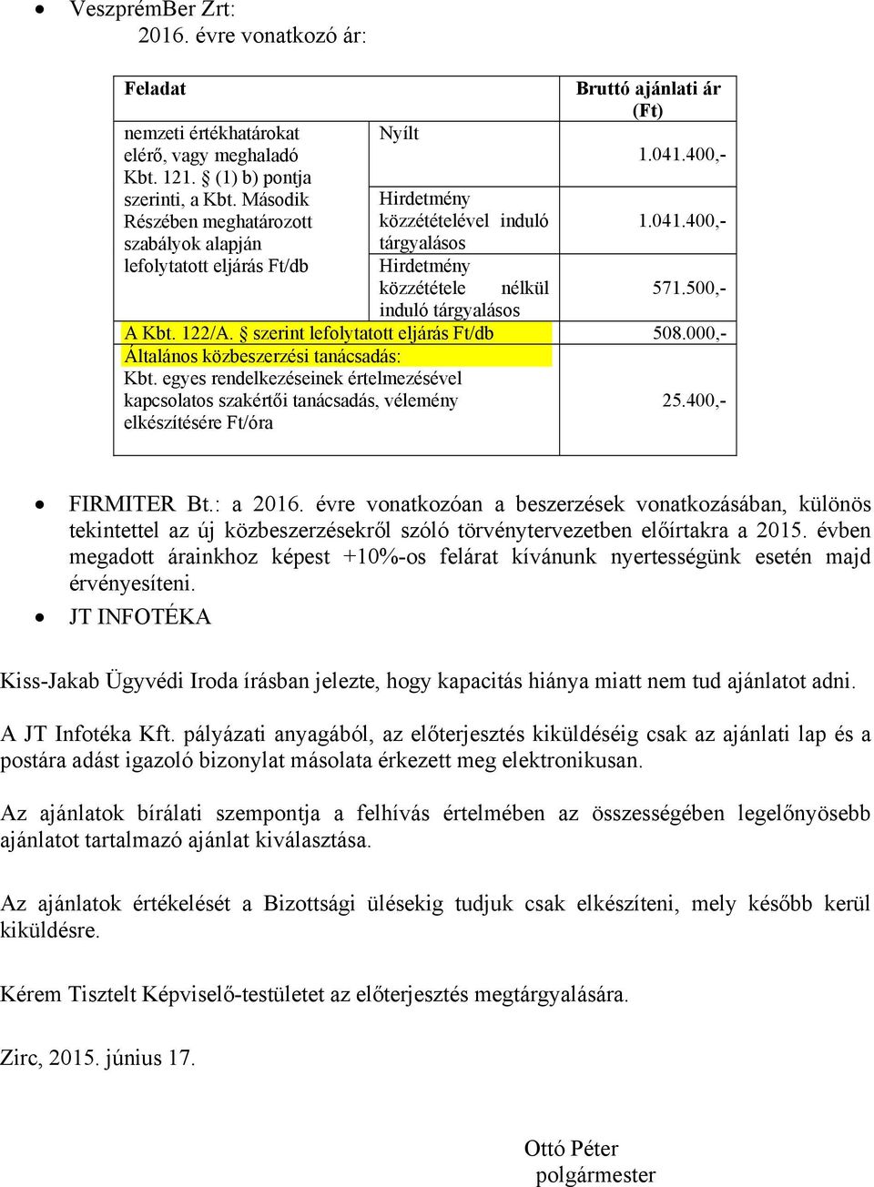 500,- induló tárgyalásos A Kbt. 122/A. szerint lefolytatott eljárás Ft/db 508.000,- Általános közbeszerzési tanácsadás: Kbt.