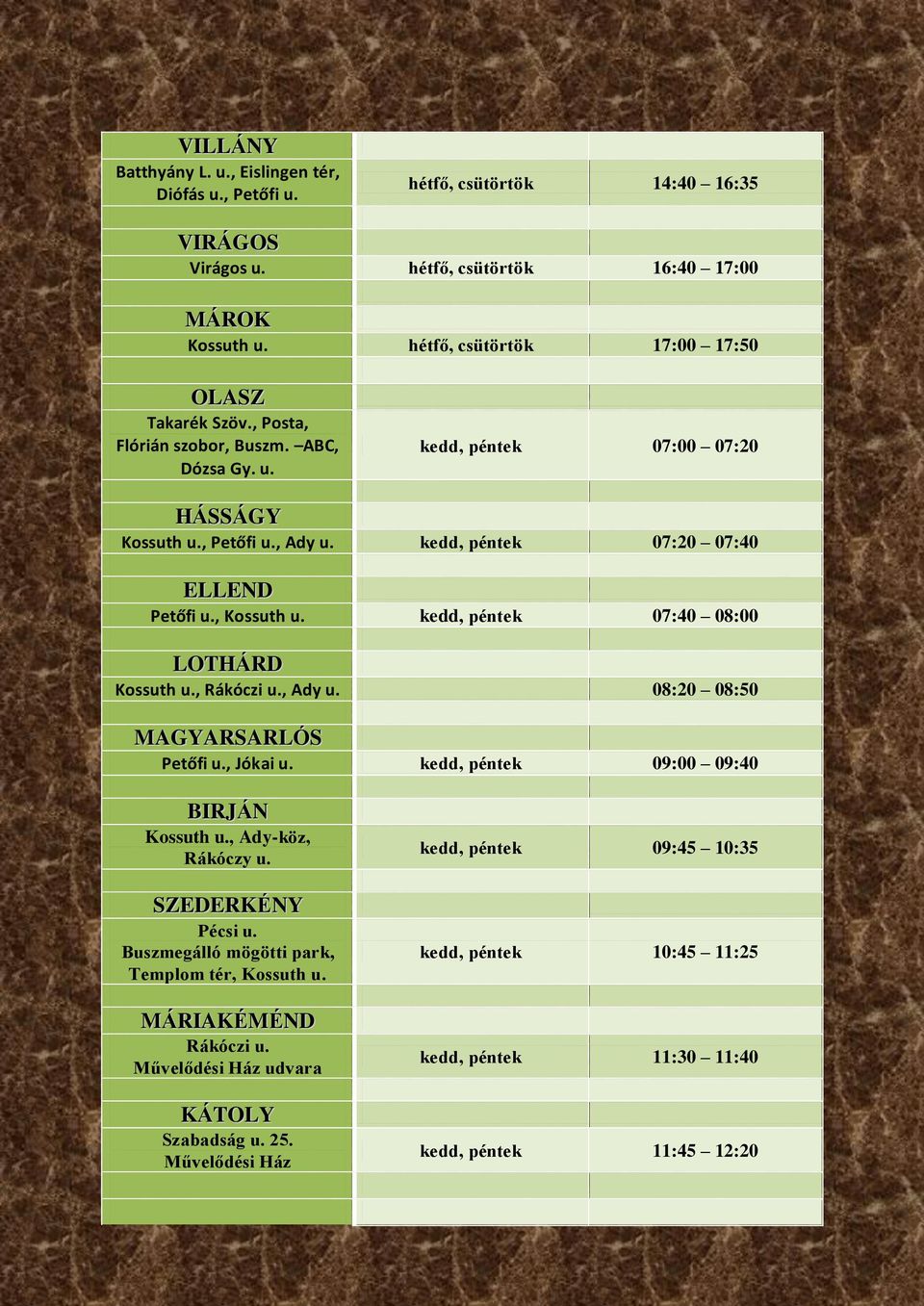 kedd, péntek 07:20 07:40 ELLEND Petőfi u., Kossuth u. kedd, péntek 07:40 08:00 LOTHÁRD Kossuth u., Rákóczi u., Ady u. 08:20 08:50 MAGYARSARLÓS Petőfi u., Jókai u.