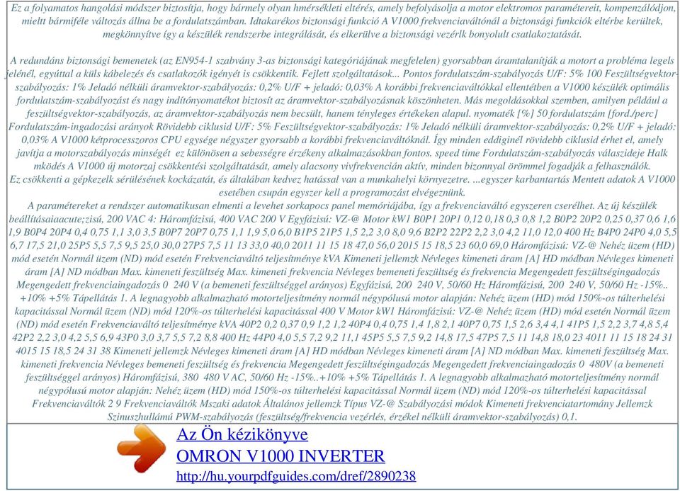 Idtakarékos biztonsági funkció A V1000 frekvenciaváltónál a biztonsági funkciók eltérbe kerültek, megkönnyítve így a készülék rendszerbe integrálását, és elkerülve a biztonsági vezérlk bonyolult