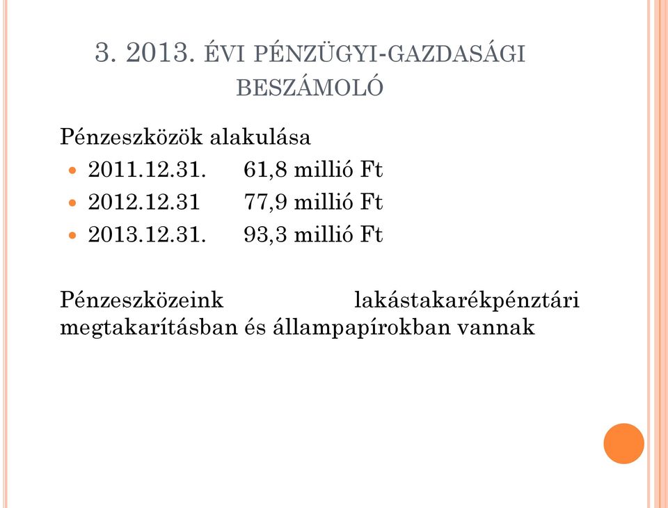 2011.12.31. 61,8 millió Ft 2012.12.31 77,9 millió Ft 2013.