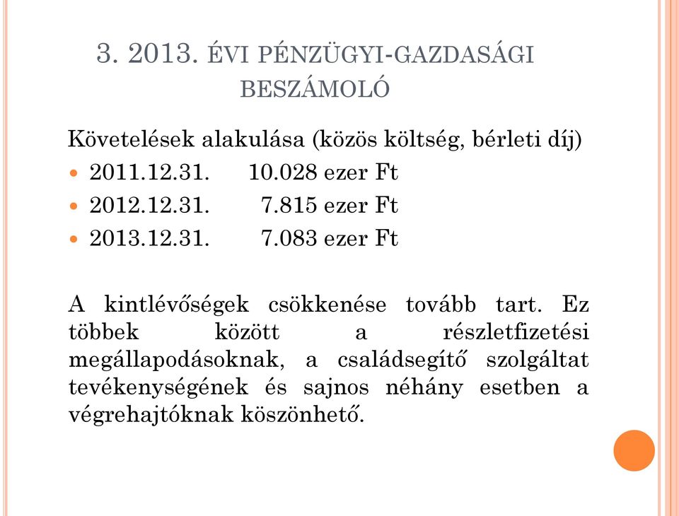 12.31. 10.028 ezer Ft 2012.12.31. 7.815 ezer Ft 2013.12.31. 7.083 ezer Ft A kintlévőségek csökkenése tovább tart.