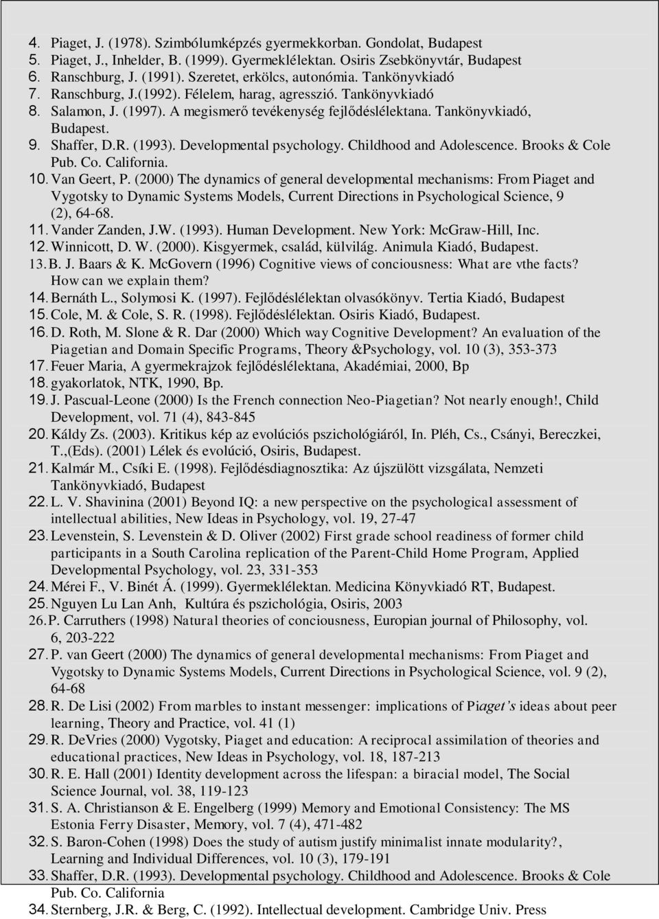 9. Shaffer, D.R. (1993). Developmental psychology. Childhood and Adolescence. Brooks & Cole Pub. Co. California. 10. Van Geert, P.