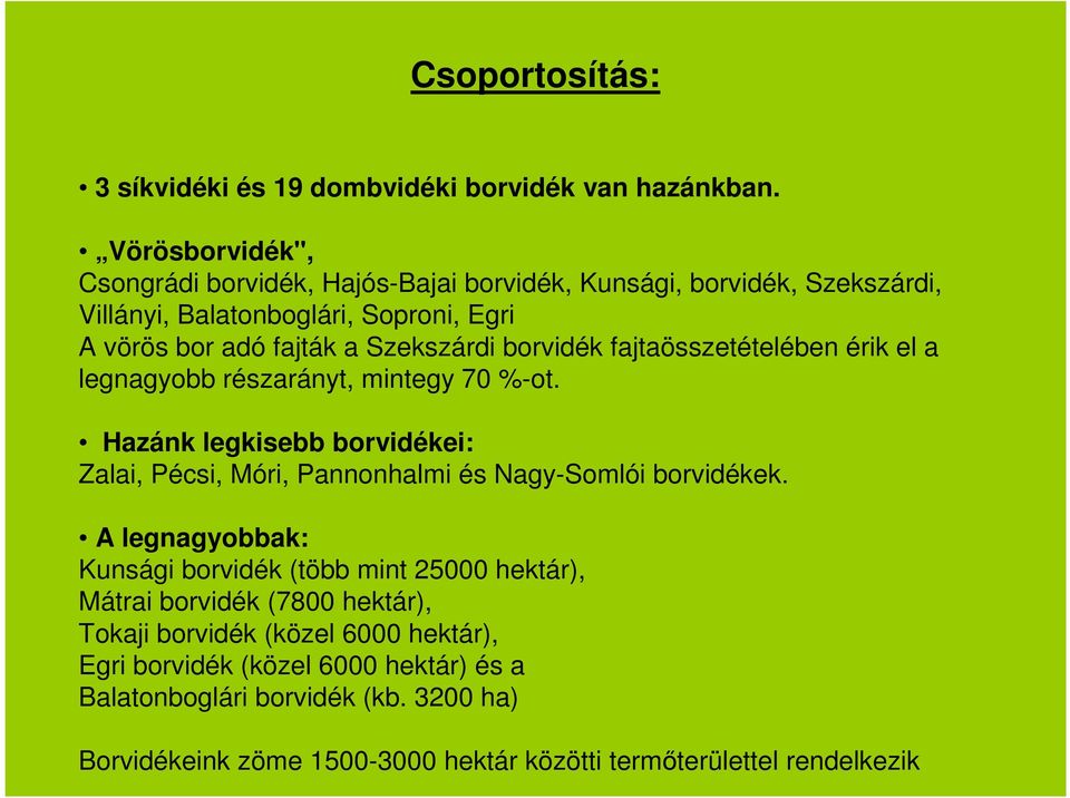 borvidék fajtaösszetételében érik el a legnagyobb részarányt, mintegy 70 %-ot. Hazánk legkisebb borvidékei: Zalai, Pécsi, Móri, Pannonhalmi és Nagy-Somlói borvidékek.