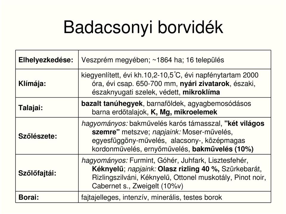 bakmővelés karós támasszal, "két világos szemre" metszve; napjaink: Moser-mővelés, egyesfüggöny-mővelés, alacsony-, középmagas kordonmővelés, ernyımővelés, bakmővelés (10%)