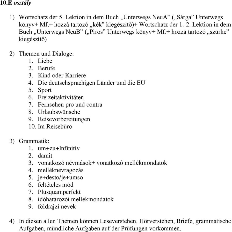 Die deutschsprachigen Länder und die EU 5. Sport 6. Freizeitaktivitäten 7. Fernsehen pro und contra 8. Urlaubswünsche 9. Reisevorbereitungen 10. Im Reisebüro 1.