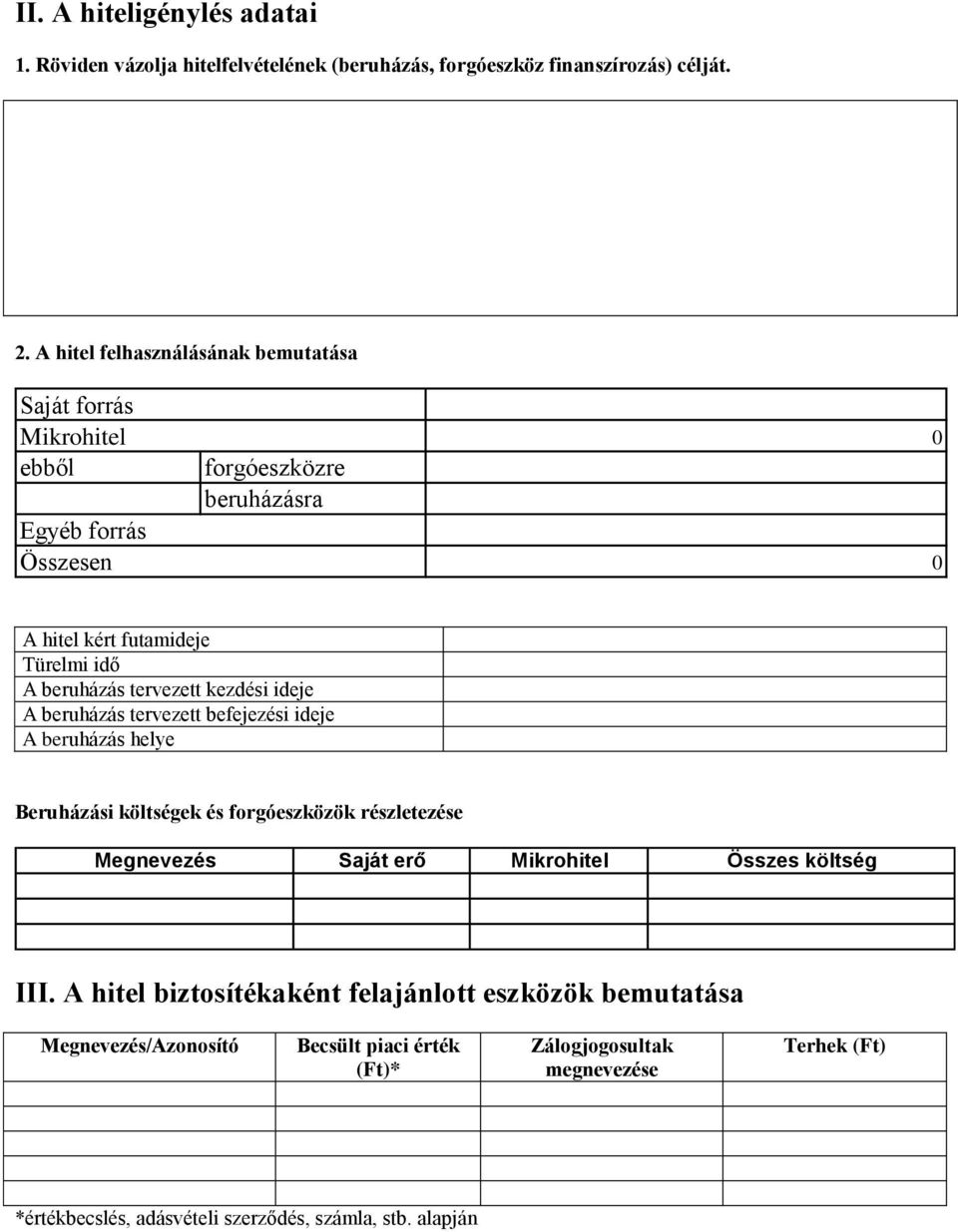 tervezett kezdési ideje A beruházás tervezett befejezési ideje A beruházás helye Beruházási költségek és forgóeszközök részletezése Megnevezés Saját erő Mikrohitel