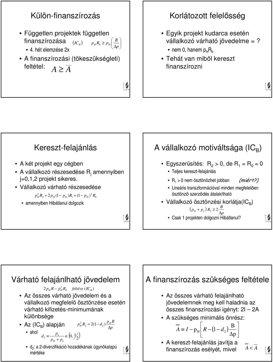 nem 0, hanem p R b Tehát van miből kereszt finanszírozni Kereszt-felajánlás A két projekt egy cégben A vállalkozó részesedése R j amennyiben j=0,1, projekt sikeres.