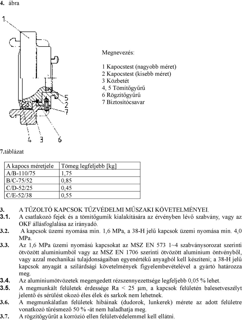 3.2. A kapcsok üzemi nyomása min. 1,6 MPa, a 38-H jelű kapcsok üzemi nyomása min. 4,0 MPa. 3.3. Az 1,6 MPa üzemi nyomású kapcsokat az MSZ EN 573 1~4 szabványsorozat szerinti ötvözött alumíniumból