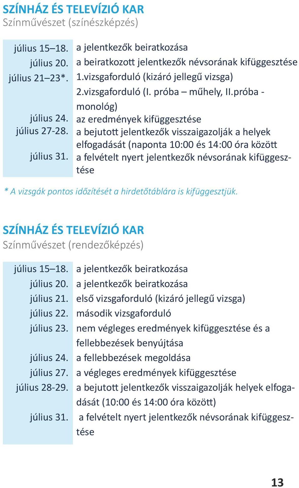 a bejutott jelentkezők visszaigazolják a helyek elfogadását (naponta 10:00 és 14:00 óra között július 31.