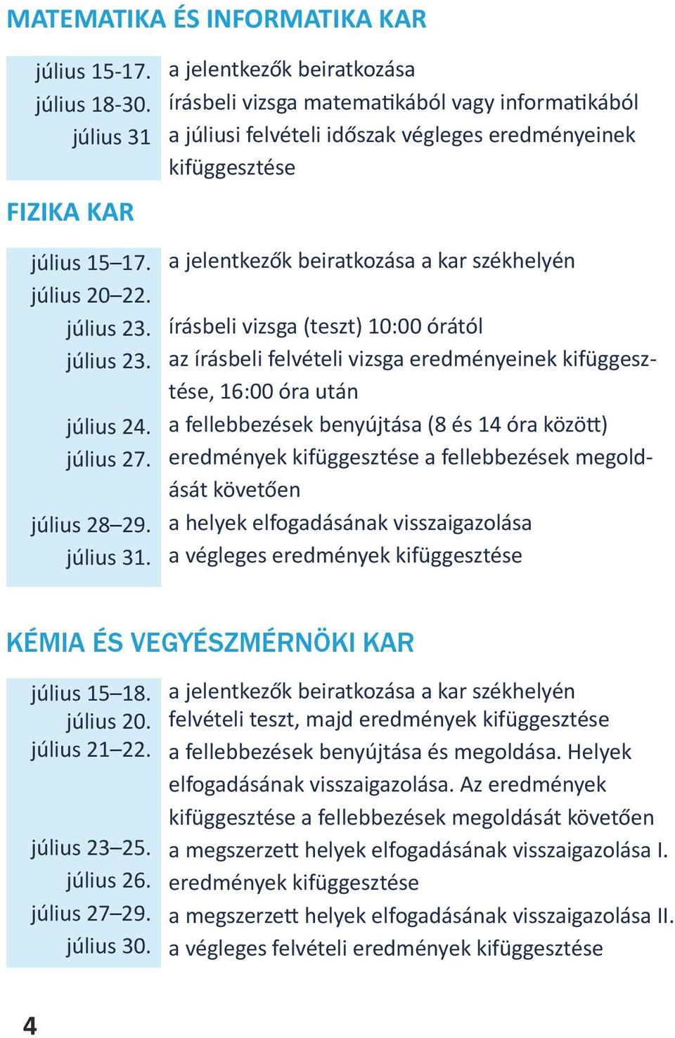 a jelentkezők beiratkozása a kar székhelyén július 20 22. július 23. írásbeli vizsga (teszt) 10:00 órától július 23. az írásbeli felvételi vizsga eredményeinek kifüggesztése, 16:00 óra után július 24.