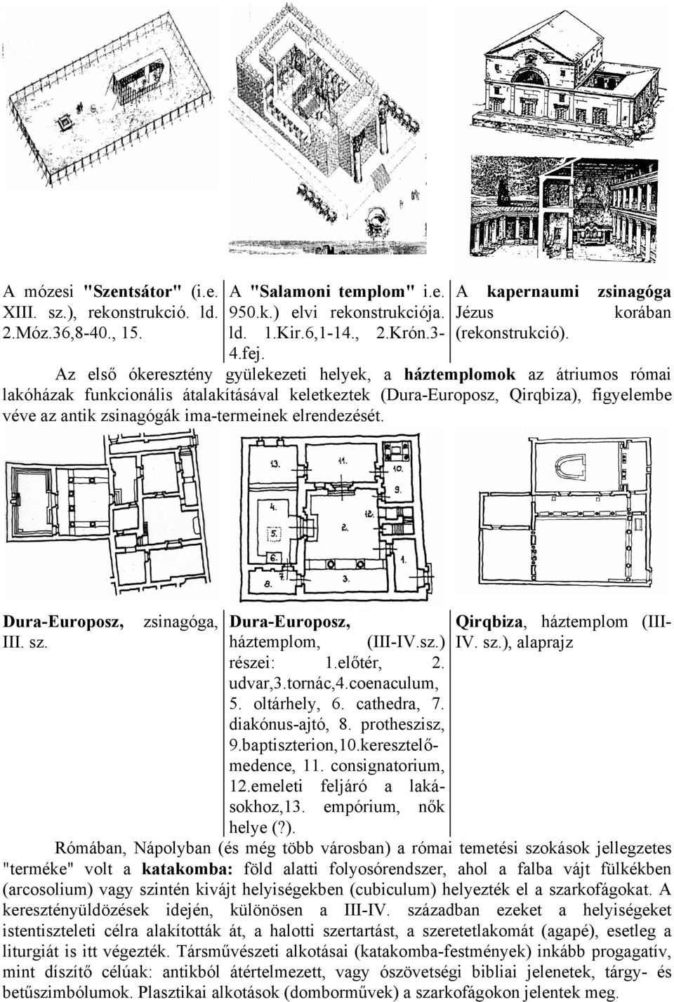 Az első ókeresztény gyülekezeti helyek, a háztemplomok az átriumos római lakóházak funkcionális átalakításával keletkeztek (Dura-Europosz, Qirqbiza), figyelembe véve az antik zsinagógák ima-termeinek