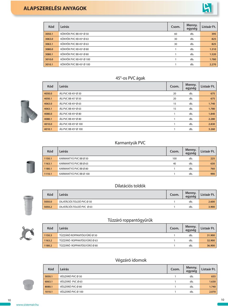 1 ÁG PVC BB 45 Ø 50 20 db. 675 4063.0 ÁG PVC KB 45º Ø 63 15 db. 1.740 4063.1 ÁG PVC BB 45º Ø 63 15 db. 1.780 4080.0 ÁG PVC KB 45º Ø 80 1 db. 1.840 4080.1 ÁG PVC BB 45º Ø 80 1 db. 2.280 4010.