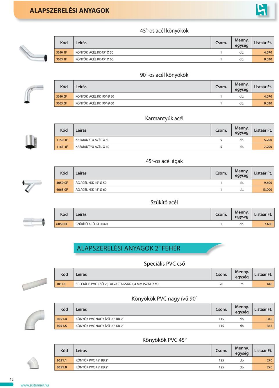 000 Szűkítő acél 6050.0F SZŰKÍTŐ ACÉL Ø 50/60 1 db. 7.600 ALAPSZERELÉSI ANYAGOK 2 FEHÉR Speciális PVC cső 1851.