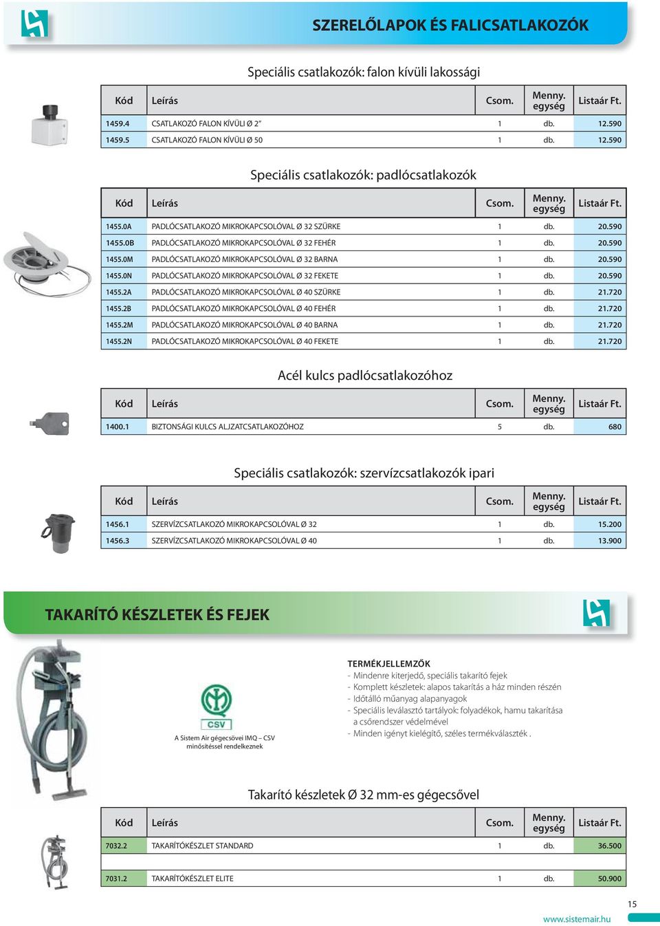 20.590 1455.2A PADLÓCSATLAKOZÓ MIKROKAPCSOLÓVAL Ø 40 SZÜRKE 1 db. 21.720 1455.2B PADLÓCSATLAKOZÓ MIKROKAPCSOLÓVAL Ø 40 FEHÉR 1 db. 21.720 1455.2M PADLÓCSATLAKOZÓ MIKROKAPCSOLÓVAL Ø 40 BARNA 1 db. 21.720 1455.2N PADLÓCSATLAKOZÓ MIKROKAPCSOLÓVAL Ø 40 FEKETE 1 db.