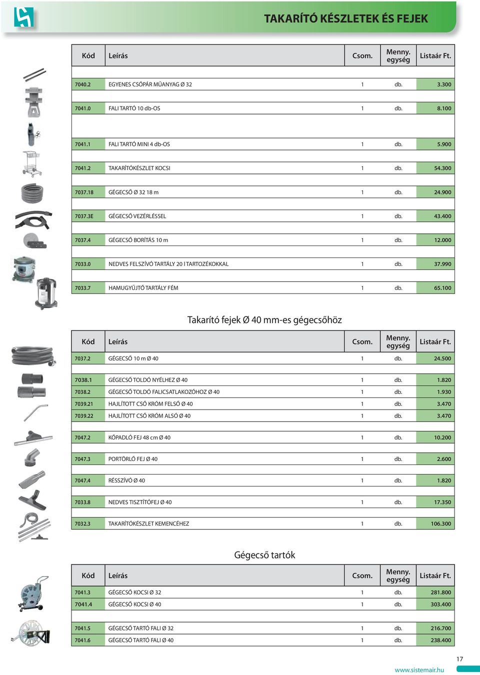 7 HAMUGYŰJTŐ TARTÁLY FÉM 1 db. 65.100 Takarító fejek Ø 40 mm-es gégecsőhöz 7037.2 GÉGECSŐ 10 m Ø 40 1 db. 24.500 7038.1 GÉGECSŐ TOLDÓ NYÉLHEZ Ø 40 1 db. 1.820 7038.