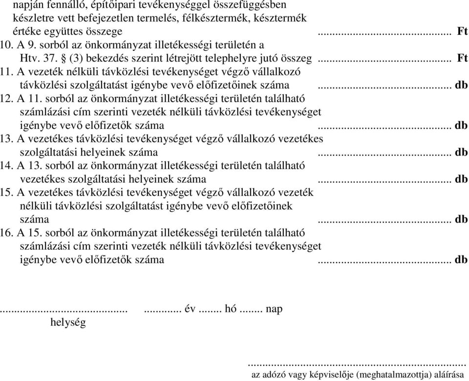 A vezeték nélküli távközlési tevékenységet végző vállalkozó távközlési szolgáltatást igénybe vevő előfizetőinek száma... db 12. A 11.