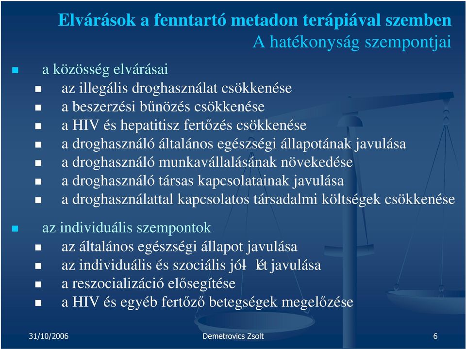 droghasználó társas kapcsolatainak javulása a droghasználattal kapcsolatos társadalmi költségek csökkenése az individuális szempontok az általános egészségi