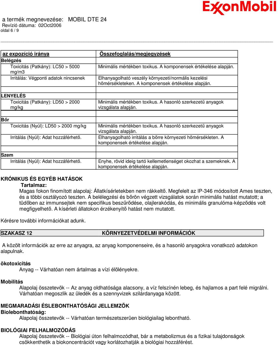 LENYELÉS Toxicitás (Patkány): LD50 > 2000 mg/kg Bır Toxicitás (Nyúl): LD50 > 2000 mg/kg Irritálás (Nyúl): Adat hozzáférhetı. Szem Irritálás (Nyúl): Adat hozzáférhetı. Minimális mértékben toxikus.