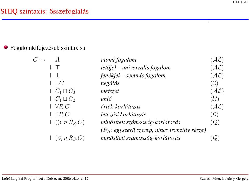 semmis fogalom (AL) C negálás (C) C 1 C 2 metszet (AL) C 1 C 2 unió (U) R.C érték-korlátozás (AL) R.