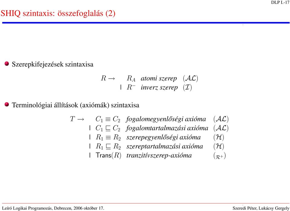 atomi szerep (AL) R inverz szerep (I) T C 1 C 2 fogalomegyenlőségi axióma (AL) C 1 C 2