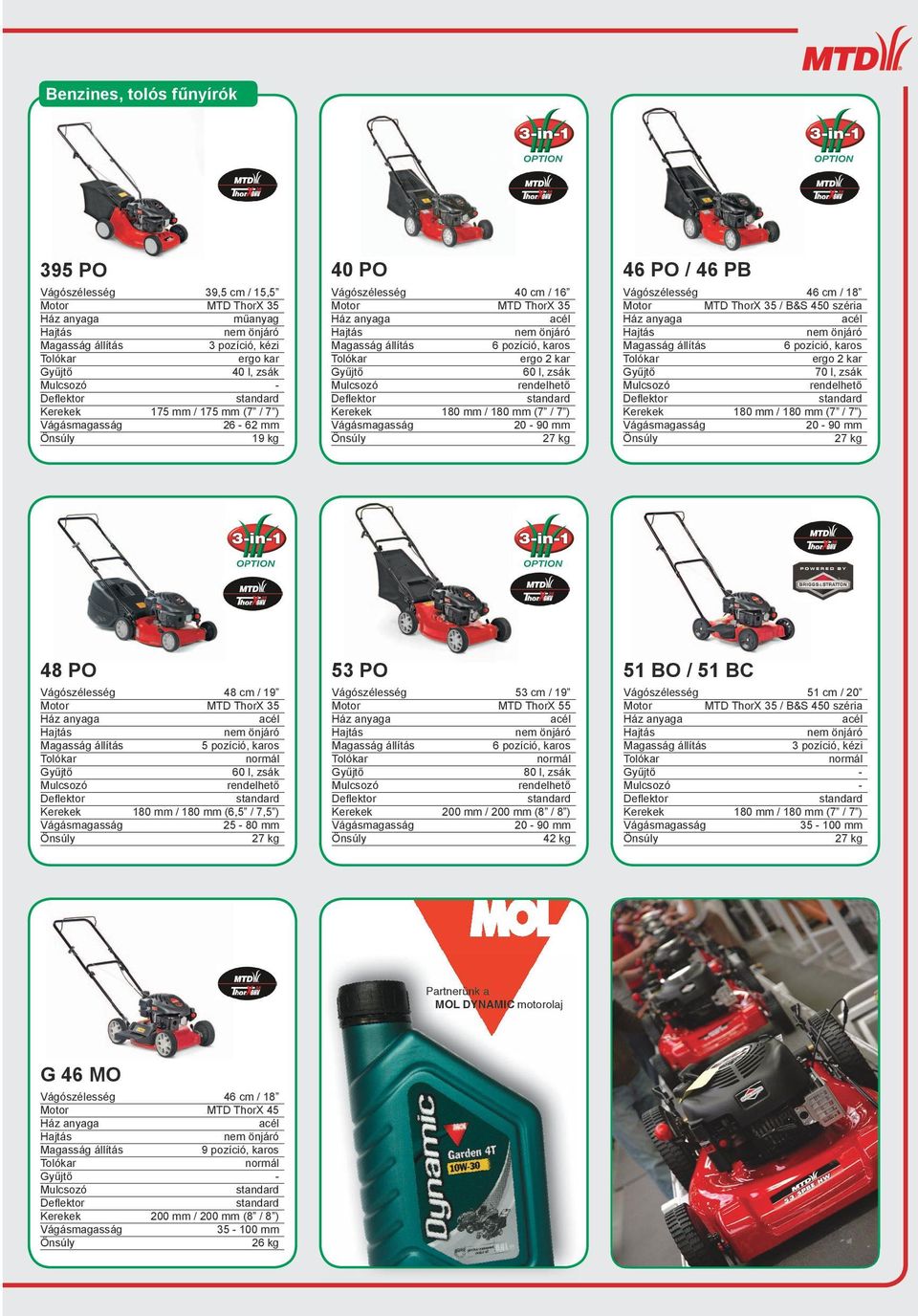 180 mm (6,5 / 7,5 ) 25-80 mm 27 kg 53 PO MTD ThorX 55 nem 6 pozíció, karos normál 80 l, zsák 200 mm / 200 mm (8 / 8 ) 42 kg 51 BO / 51 BC 51 cm / 20 MTD ThorX 35 / B&S 450 széria nem normál - - 180