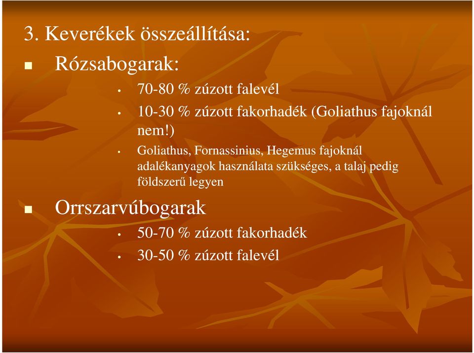 ) Goliathus, Fornassinius, Hegemus fajoknál adalékanyagok használata