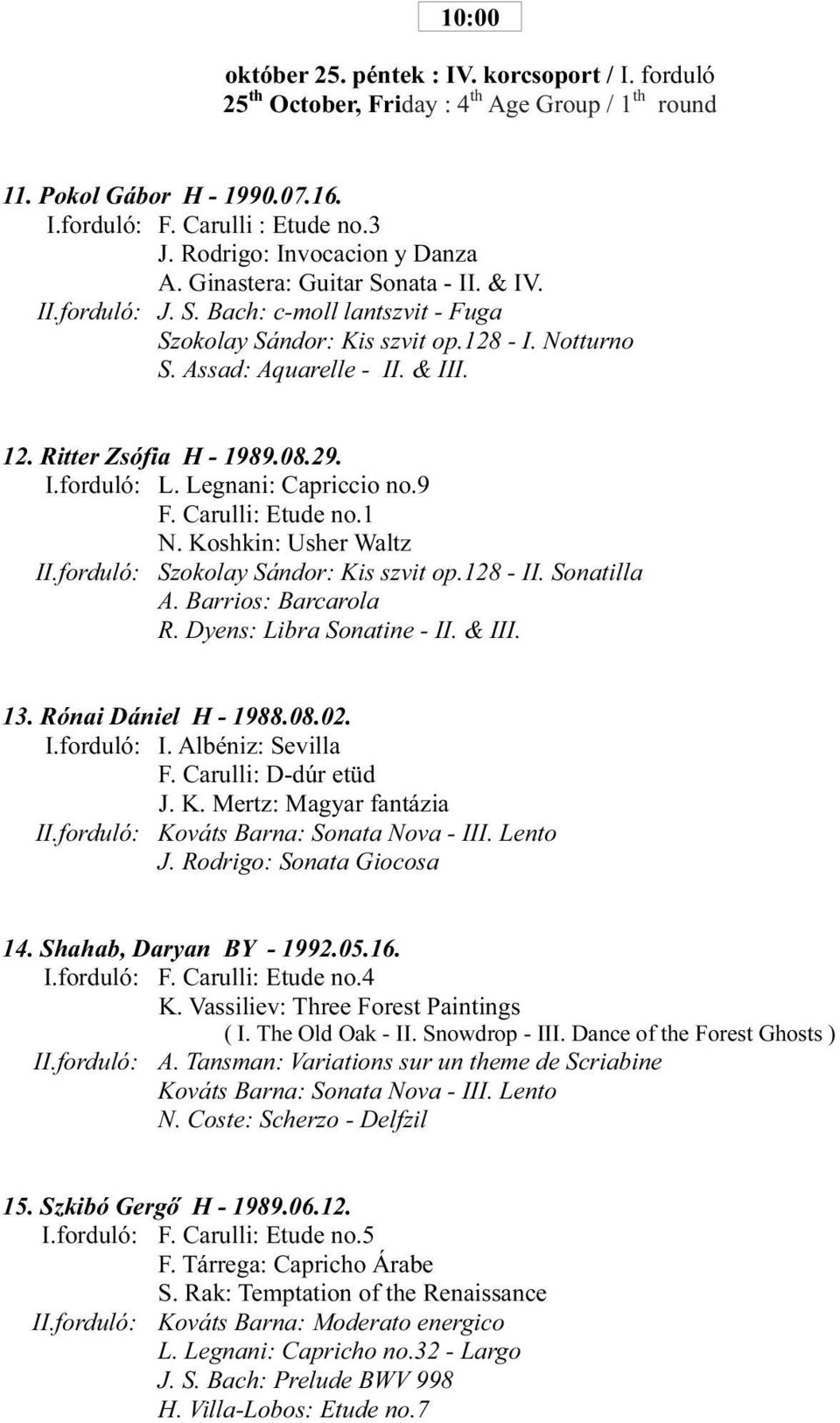 Ritter Zsófia H - 1989.08.29. I.forduló: L. Legnani: Capriccio no.9 F. Carulli: Etude no.1 N. Koshkin: Usher Waltz II.forduló: Szokolay Sándor: Kis szvit op.128 - II. Sonatilla A.