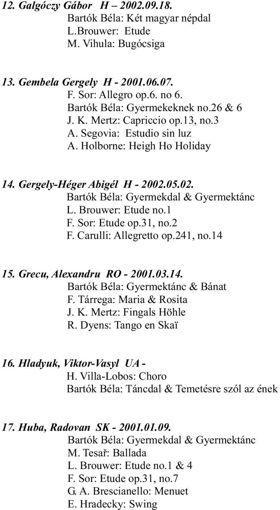 1 F. Sor: Etude op.31, no.2 F. Carulli: Allegretto op.241, no.14 15. Grecu, Alexandru RO - 2001.03.14. Bartók Béla: Gyermektánc & Bánat F. Tárrega: Maria & Rosita J. K. Mertz: Fingals Höhle R.