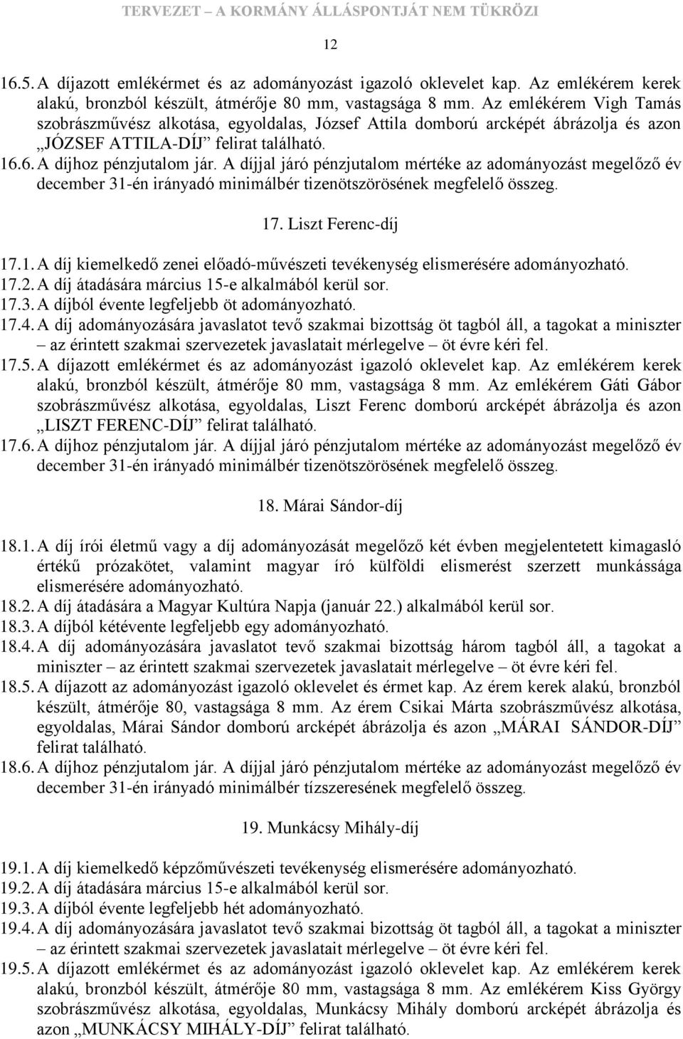 A díjjal járó pénzjutalom mértéke az adományozást megelőző év december 31-én irányadó minimálbér tizenötszörösének megfelelő összeg. 17. Liszt Ferenc-díj 17.1. A díj kiemelkedő zenei előadó-művészeti tevékenység elismerésére adományozható.