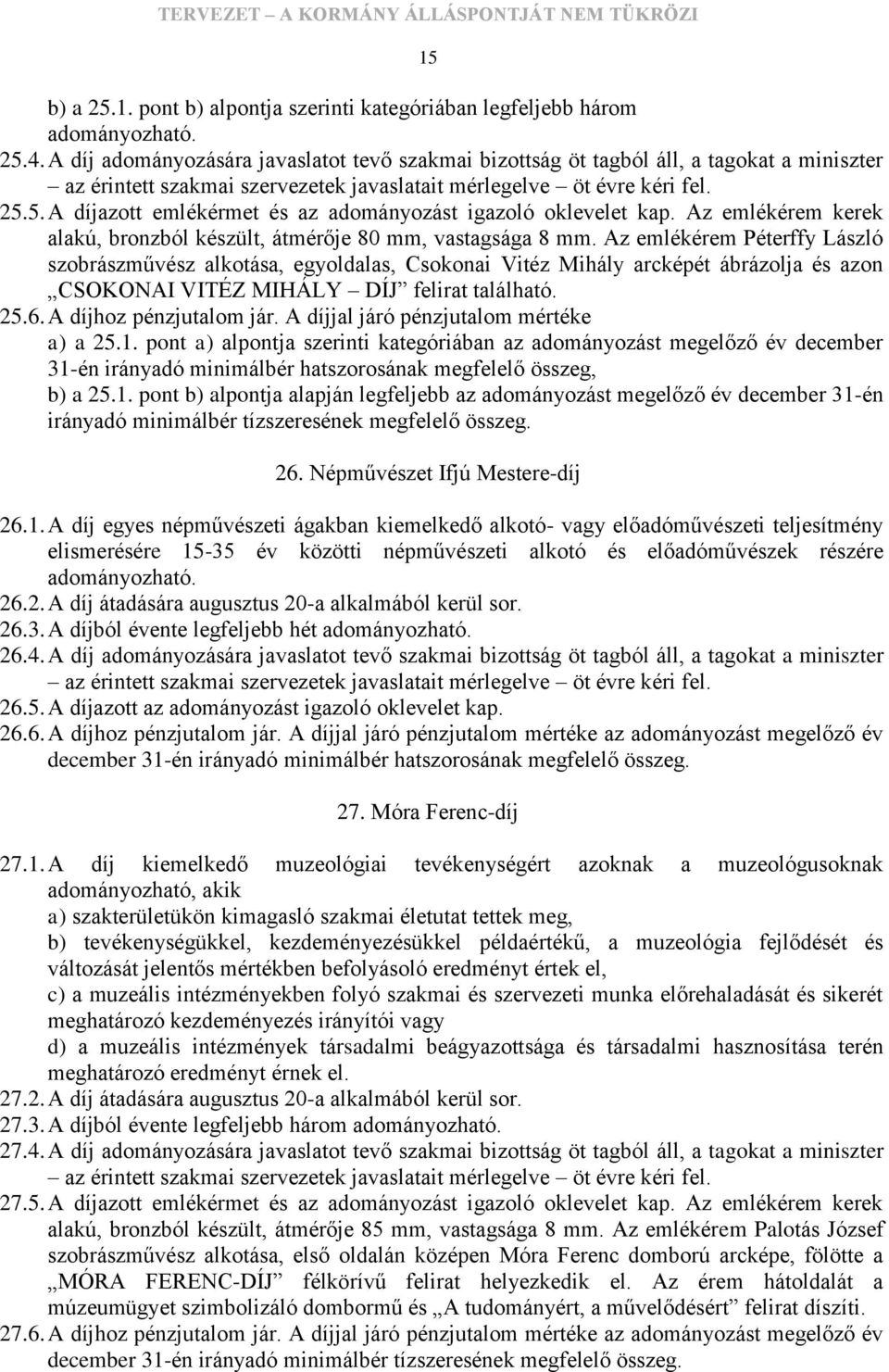 Az emlékérem Péterffy László szobrászművész alkotása, egyoldalas, Csokonai Vitéz Mihály arcképét ábrázolja és azon CSOKONAI VITÉZ MIHÁLY DÍJ felirat található. 25.6. A díjhoz pénzjutalom jár.