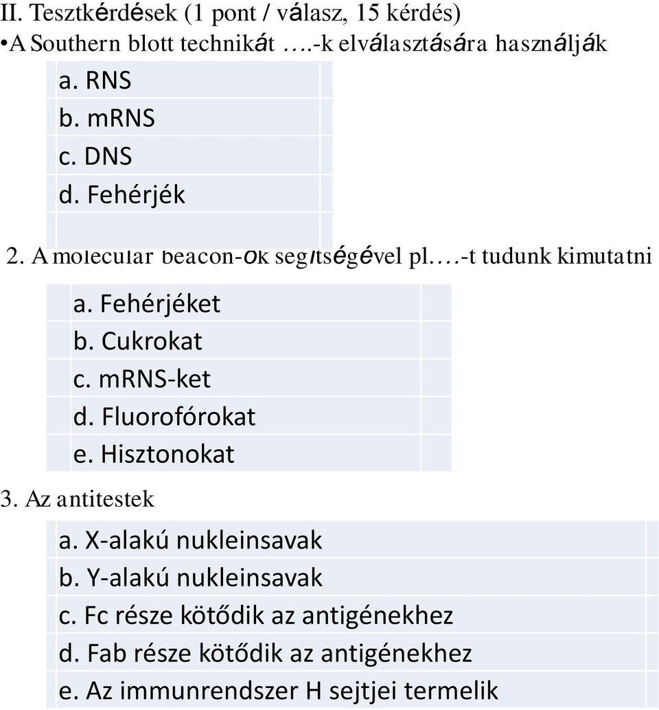 Cukrokat c. mrns-ket d. Fluorofórokat e. Hisztonokat 3. Az antitestek a. X-alakú nukleinsavak b.